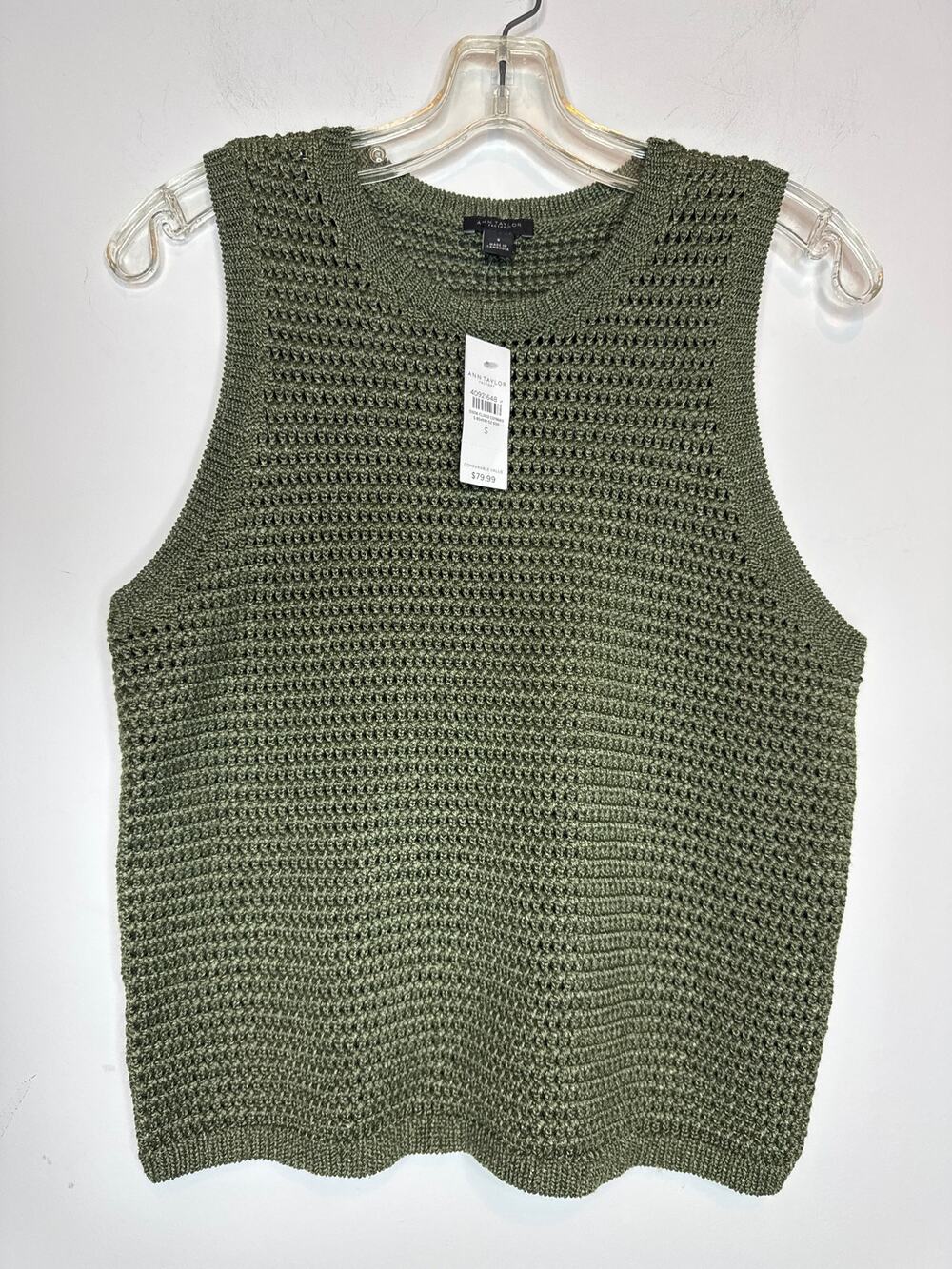 Ann Taylor Factory Green Open Knit Scallop Hem Sweater Vest Size Small New